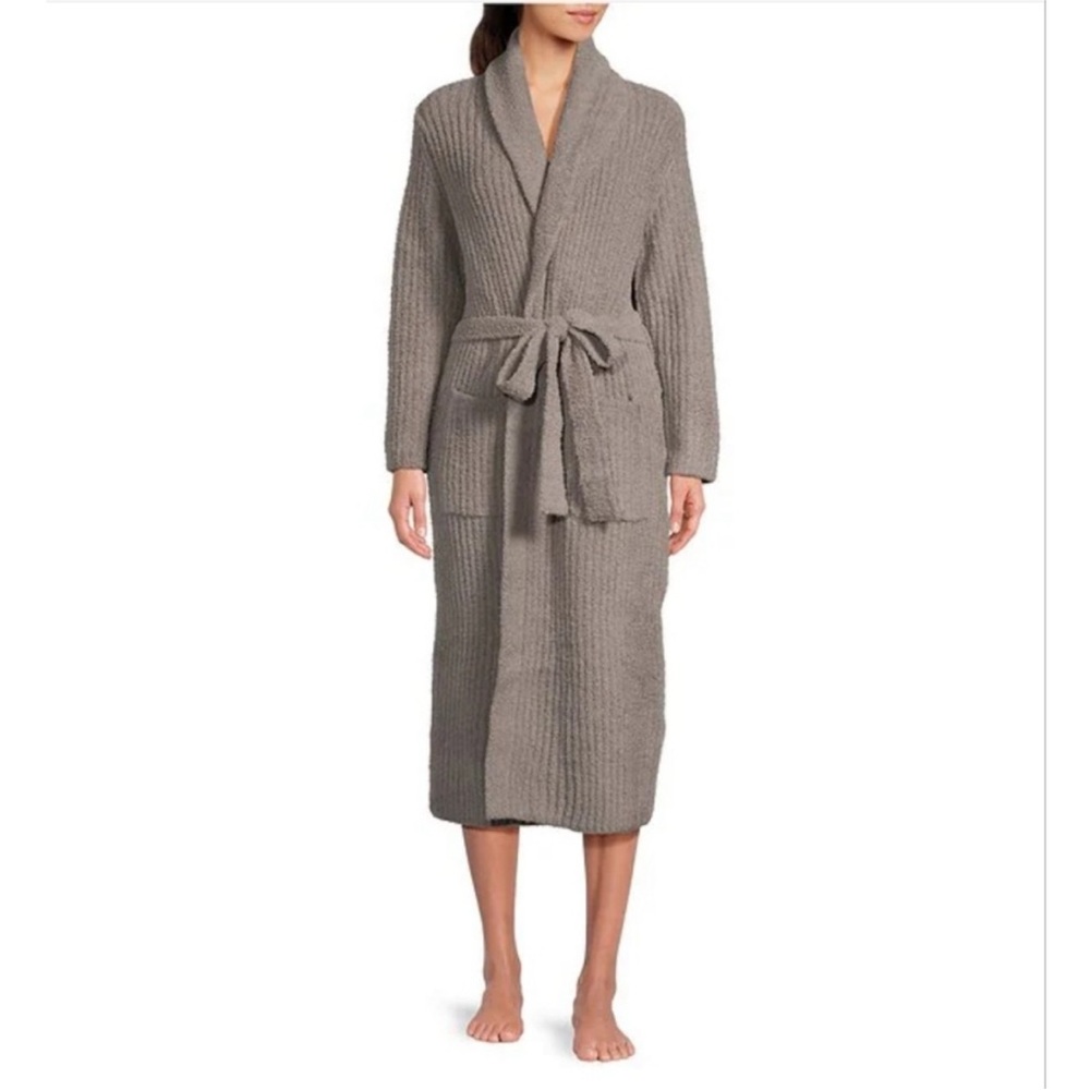 Barefoot Dreams Taupe Ribbed Knit Long Belted Robe